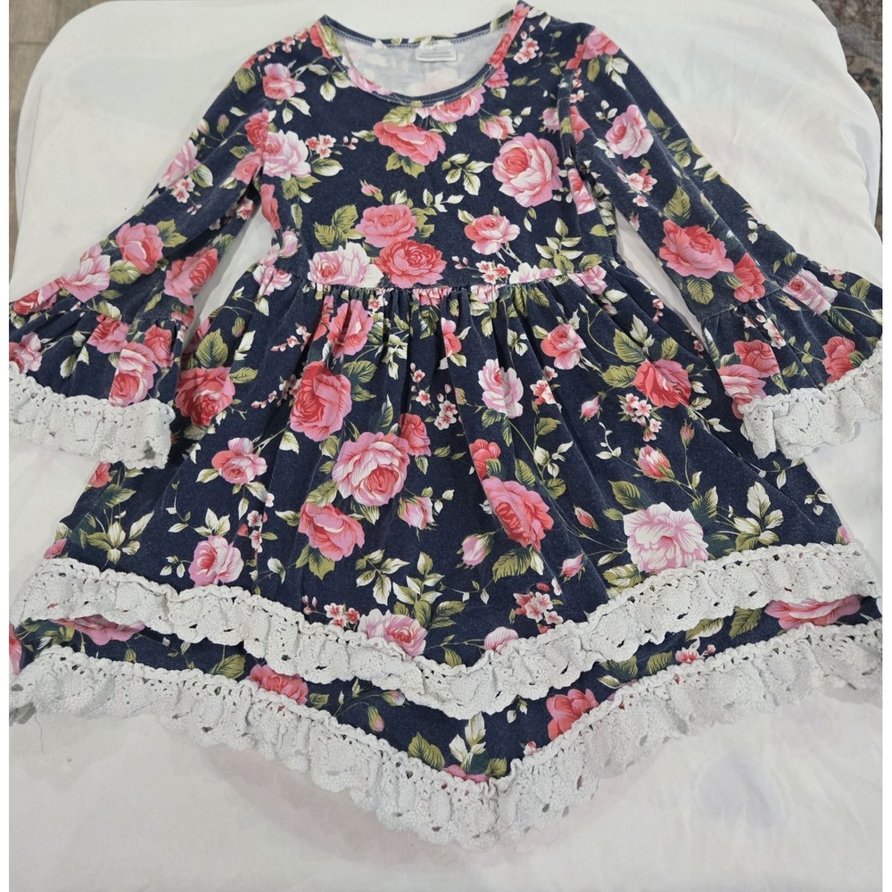 Boutique Girls Floral Dress Size L Large Navy Pink Rose Crochet Lace Trim...